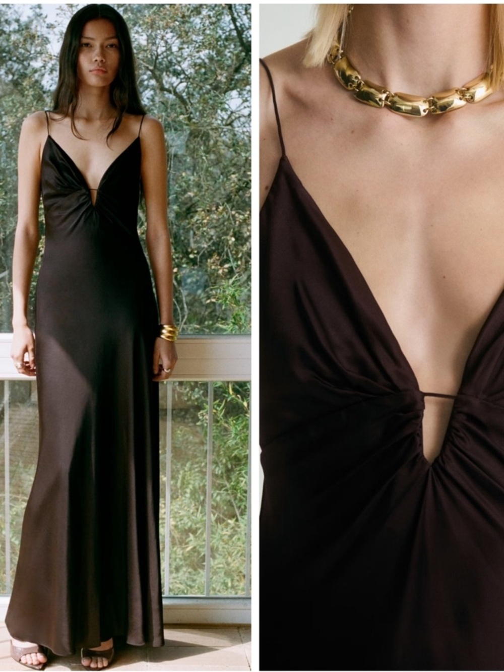 Mango Chocolate Brown Twist-Front Slip Maxi Satin Dress